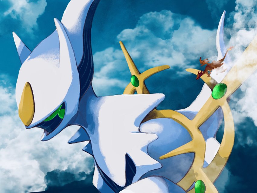 above_clouds arceus charizard cloud commentary_request creatures_(company) dragon flame-tipped_tail flying game_freak gen_1_pokemon gen_4_pokemon giant gogot highres horns legendary_pokemon mythical_pokemon nintendo no_humans pokemon pokemon_(creature) spikes