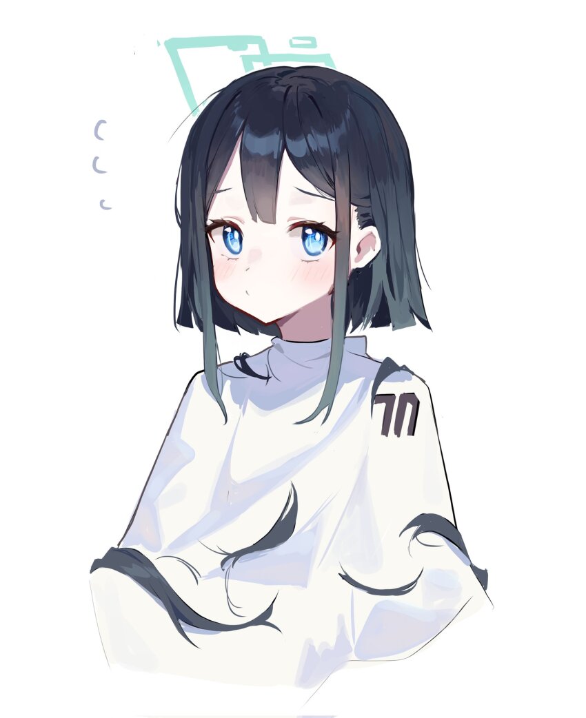 1girl alternate_hair_length alternate_hairstyle aqua_halo aris_(blue_archive) barber_cape black_hair blue_archive blue_eyes blunt_ends bright_pupils center-flap_bangs double-parted_bangs halo highres rectangular_halo severed_hair sidelocks simple_background solo suye upper_body white_background white_pupils