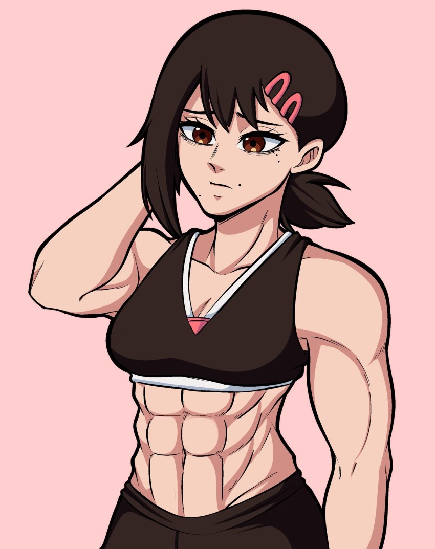 1girl abs alternate_costume breasts brown_hair chainsaw_man embarrassed female_focus gym_uniform higashiyama_kobeni highres kermittend large_breasts looking_at_viewer muscular muscular_female pants shirt short_hair sleeveless sleeveless_shirt solo source_request spots