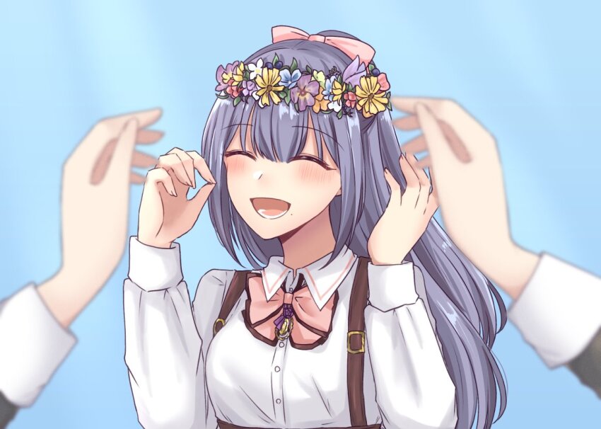 2girls :d ^_^ assault_lily blue_background blue_flower blurry blurry_foreground blush bow buttons closed_eyes collared_shirt commentary facing_viewer female_pov flower flower_wreath fukuyama_jeanne_sachie gradient_background grey_hair hair_bow half_updo hands_up head_wreath jewelry long_hair long_sleeves lower_teeth_only ludvico_private_girls&#039;_academy_school_uniform multiple_girls necklace nigari_(ngari_0115) open_mouth orange_flower pendant pink_bow pov pov_hands purple_flower school_uniform shirt smile solo_focus suspenders teeth underbust upper_body white_flower white_shirt yellow_flower