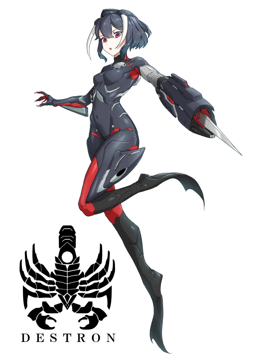1girl :o arm_cannon bodysuit claws commentary covered_navel cyborg eidenjyou1997 english_commentary flippers full_body genderswap genderswap_(mtf) grey_bodysuit grey_hair harpoon harpoon_gun highres impossible_bodysuit impossible_clothes kamen_rider kamen_rider_v3_(series) logo open_mouth red_eyes simple_background solo water_gun_todo weapon white_background