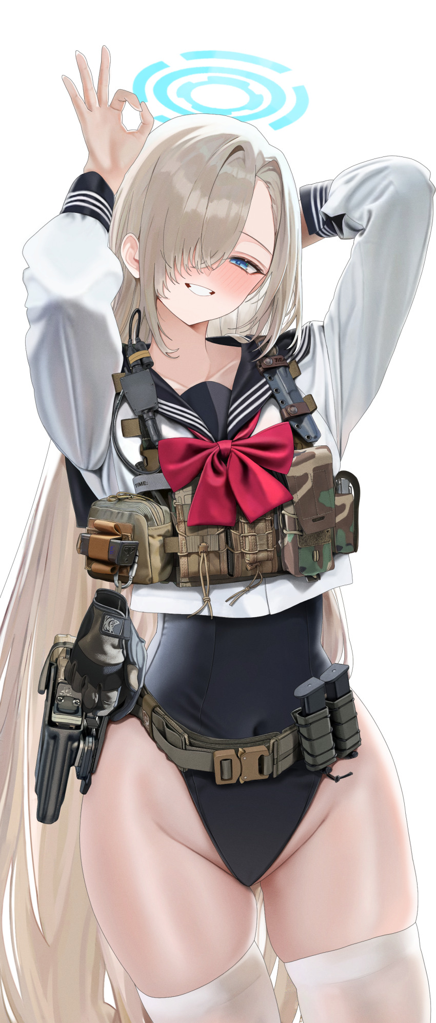 1girl absurdres alternate_costume arms_up asuna_(blue_archive) asymmetrical_bangs belt black_one-piece_swimsuit blonde_hair blue_archive blush bow bowtie collarbone commentary competition_swimsuit fte_(fifteen_199) gloves groin gun halo handgun highleg highleg_one-piece_swimsuit highres holstered long_hair looking_at_viewer magazine_(weapon) no_pants ok_sign one-piece_swimsuit red_bow red_bowtie school_uniform serafuku shirt simple_background smile solo straight_hair swimsuit swimsuit_under_clothes symbol-only_commentary thighhighs unworn_gloves utility_belt utility_vest very_long_hair vest weapon white_background white_shirt white_thighhighs