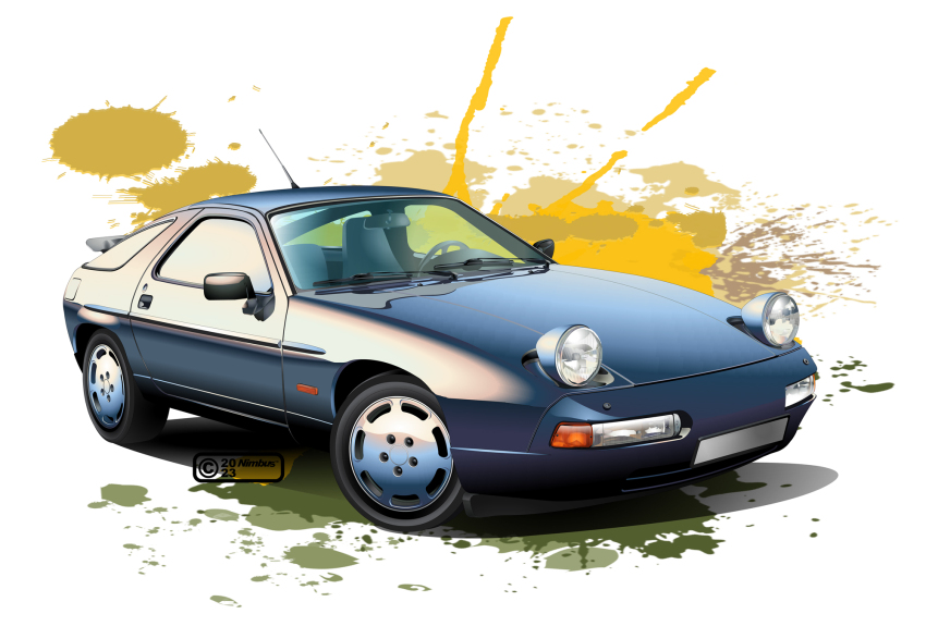 2023 artist_name blue_car car commentary_request highres left-hand_drive motor_vehicle nimbus_goldbrum no_humans original porsche porsche_928 realistic rear-view_mirror shadow steering_wheel vehicle_focus
