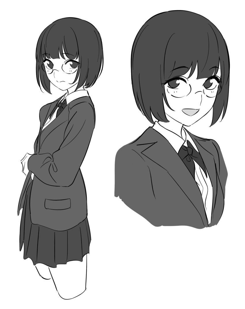 1girl :d blush bob_cut closed_mouth collared_shirt glasses greyscale highres jacket kashiwa_(iersansi) long_sleeves looking_at_viewer monochrome multiple_views open_mouth original pleated_skirt shirt short_hair skirt smile solo
