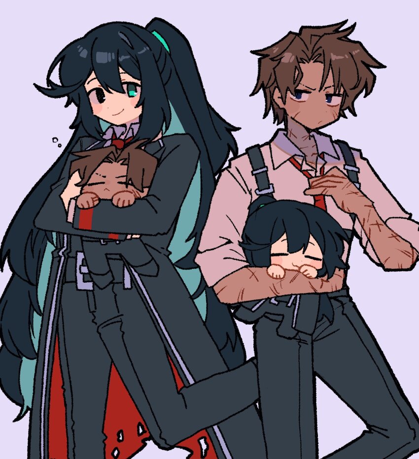 2boys :/ aqua_eyes belt black_coat black_eyes black_hair black_pants brown_hair carrying carrying_person chest_harness chibi closed_mouth coat collared_shirt colored_inner_hair harness heathcliff_(project_moon) heterochromia high_ponytail highres hong_lu_(project_moon) limbus_company long_hair long_sleeves male_focus mini_person multicolored_hair multiple_boys multiple_scars nantekottawo!! necktie pants parted_bangs ponytail project_moon red_necktie scar scar_on_arm scar_on_face shirt short_hair simple_background smile two-sided_coat two-sided_fabric very_long_hair white_shirt