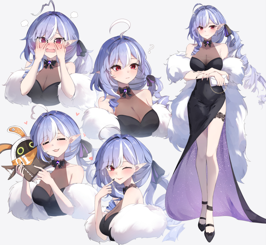 1girl :p ? @_@ ahoge alternate_costume alternate_hairstyle bag bare_legs bare_shoulders black_bow black_bowtie black_dress black_nails black_ribbon black_shoes blush bow bowtie breasts cleavage closed_eyes commentary dress earrings elphe embarrassed english_commentary eous_(zenless_zone_zero) feather_boa finger_to_face hair_ribbon handbag hands_on_own_face heart highres holding holding_bag jewelry large_breasts legs long_dress long_hair looking_at_viewer mole mole_under_eye multicolored_hair multiple_views nail_polish one_eye_closed open_mouth pointy_ears puff_of_air purple_hair ribbon see-through_cleavage see-through_clothes shoes streaked_hair tongue tongue_out very_long_hair vivian_banshee zenless_zone_zero