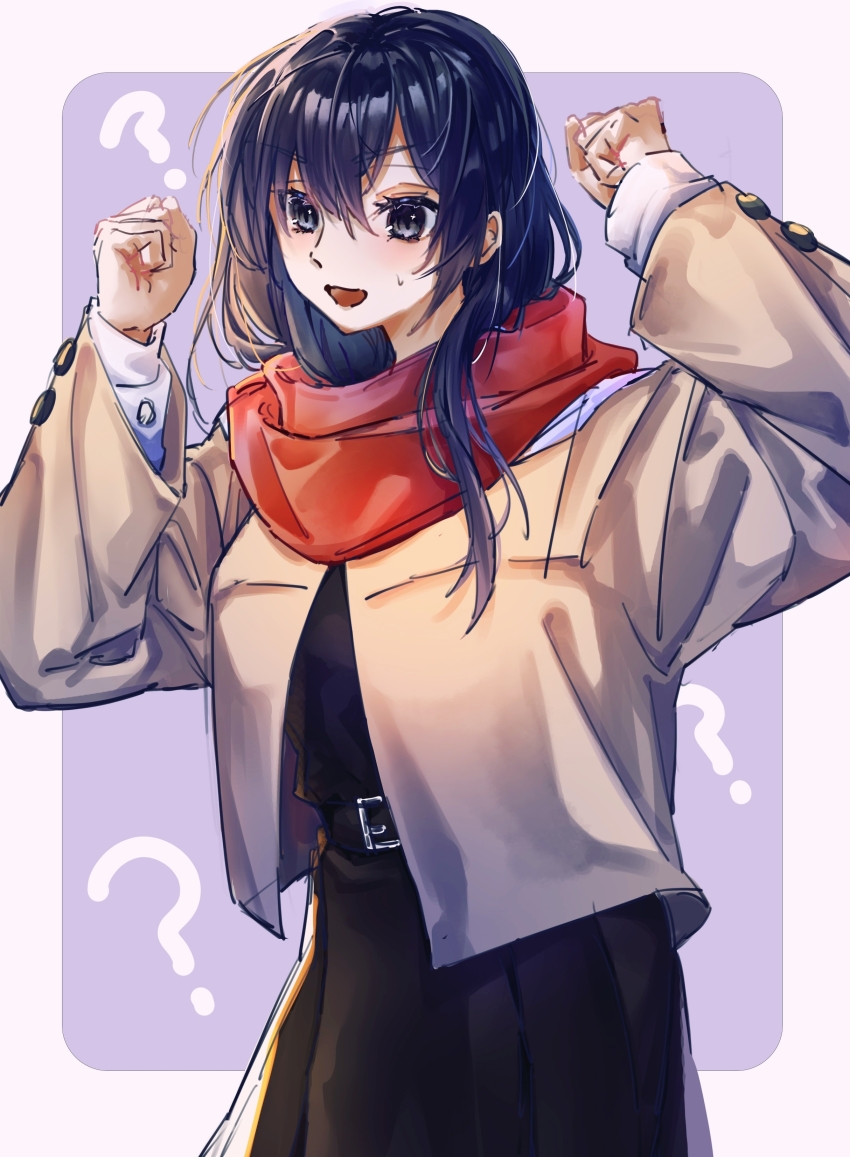 1girl ? absurdres black_dress black_eyes black_hair brown_jacket chinese_commentary commentary_request dress hair_between_eyes highres jacket kanato04249580 long_hair long_sleeves looking_at_viewer nanami_touko open_mouth red_scarf scarf school_uniform solo tohmi_higashi_high_school_uniform yagate_kimi_ni_naru