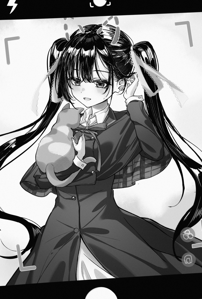 1girl absurdres animal animal_ears breasts buttons capelet cat cat_ears coat collared_shirt double-breasted drawn_ears dress fake_animal_ears greyscale hair_between_eyes hair_ribbon hand_in_own_hair highres holding holding_animal honma_misuzu large_breasts long_hair long_sleeves looking_at_animal monochrome natsugou_shinogi neck_ribbon open_mouth ribbon sakura_no_toki sakura_no_uta school_uniform shirt smile solo standing sweat twintails viewfinder