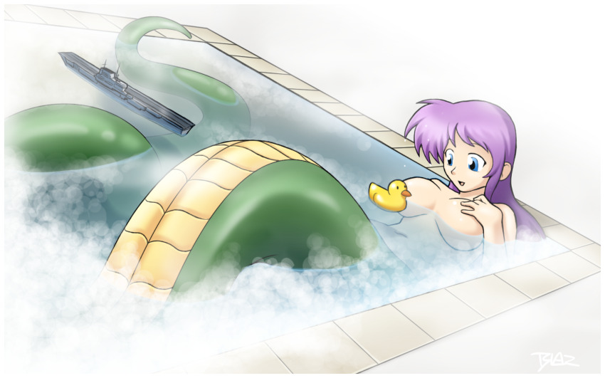 bathing bathtub blazbaros blue_eyes bubble covering_breasts covering_privates lamia monster_girl nude purple_hair rubber_duck ship smile steam watercraft
