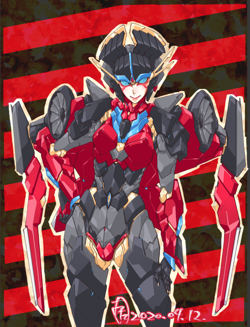 1girl absurdres airplane_wing blue_eyes breasts crotch_plate flame_toys flame_toys_windblade hand_on_own_hip highres humanoid_robot mechanical_wings medium_breasts metal_skin robot robot_girl tatsuta_shin&#039;ichi thighs transformers windblade wings