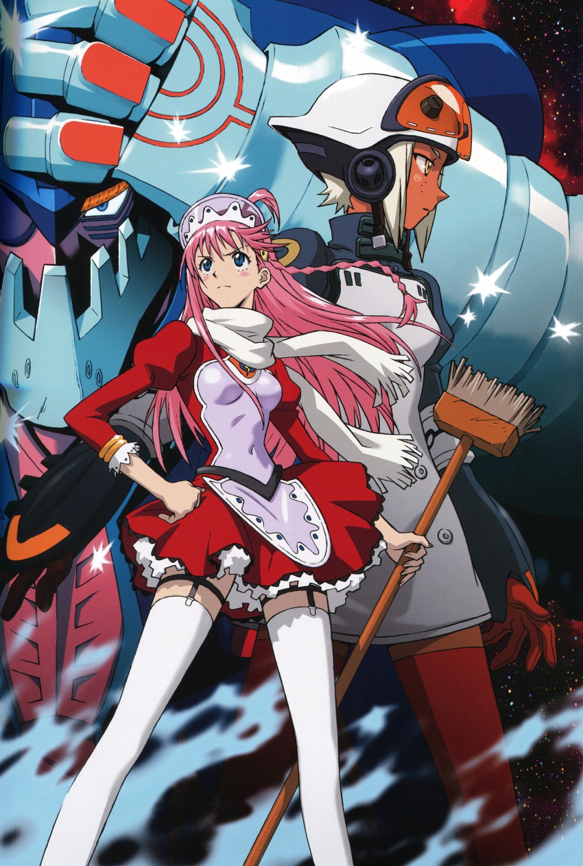+_+ 00s 2girls absurdres ahoge blue_eyes broom buster_machine_7 cross-shaped_pupils dark-skinned_female dark_skin dix-neuf dix_neuf gainax hand_on_own_hip helmet highres hip_focus lal&#039;c_mellk_mal long_hair maid multiple_girls nono_(top_wo_nerae_2!) pink_hair sadamoto_yoshiyuki scarf short_hair symbol-shaped_pupils thighhighs top_wo_nerae!_(series) top_wo_nerae_2!