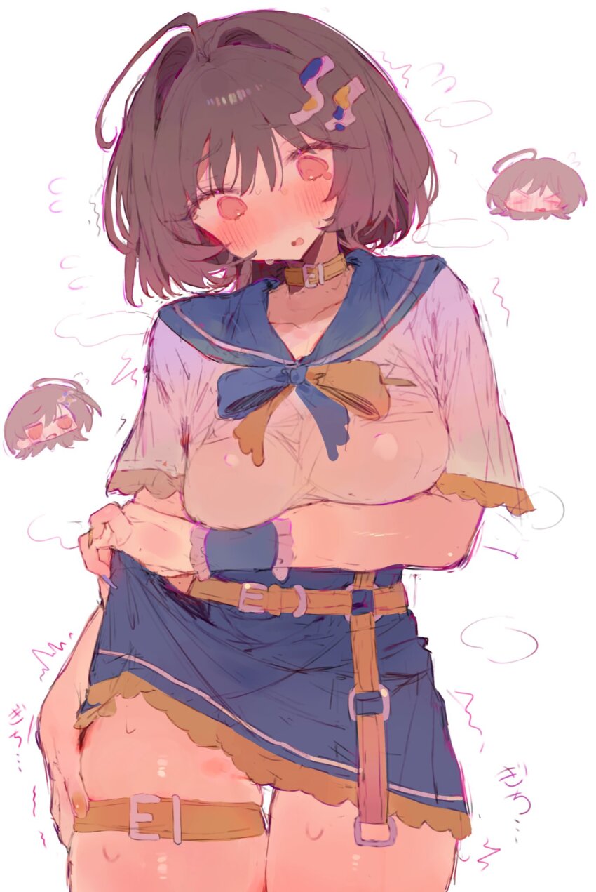 1girl ^^^ ahoge belt blue_sailor_collar blue_skirt blush brown_hair bunchi chibi chibi_inset collarbone commentary commission cowboy_shot flying_sweatdrops hair_between_eyes hair_ornament highres medium_hair open_mouth original red_eyes sailor_collar school_uniform serafuku short_sleeves simple_background skeb_commission skirt standing steaming_body tearing_up thigh_belt thigh_strap white_background white_serafuku yellow_belt yellow_collar