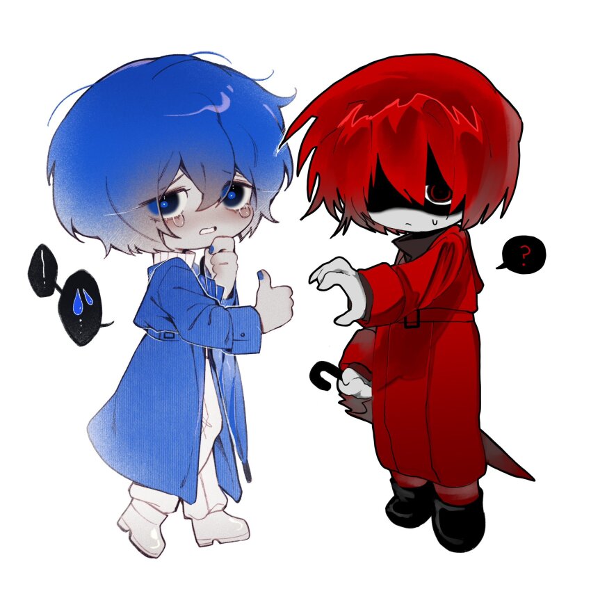 2boys alternate_color black_sweater blue_coat blue_eyes blue_hair chibi coat commentary_request crying crying_with_eyes_open heart_hands_failure highres holding holding_umbrella homicipher korean_commentary looking_at_viewer male_focus mr._scarletella multiple_boys player_2 red_coat red_eyes red_hair shaded_face short_hair simple_background sweater sweeeet_him tears thumbs_up turtleneck turtleneck_sweater umbrella white_background white_sweater