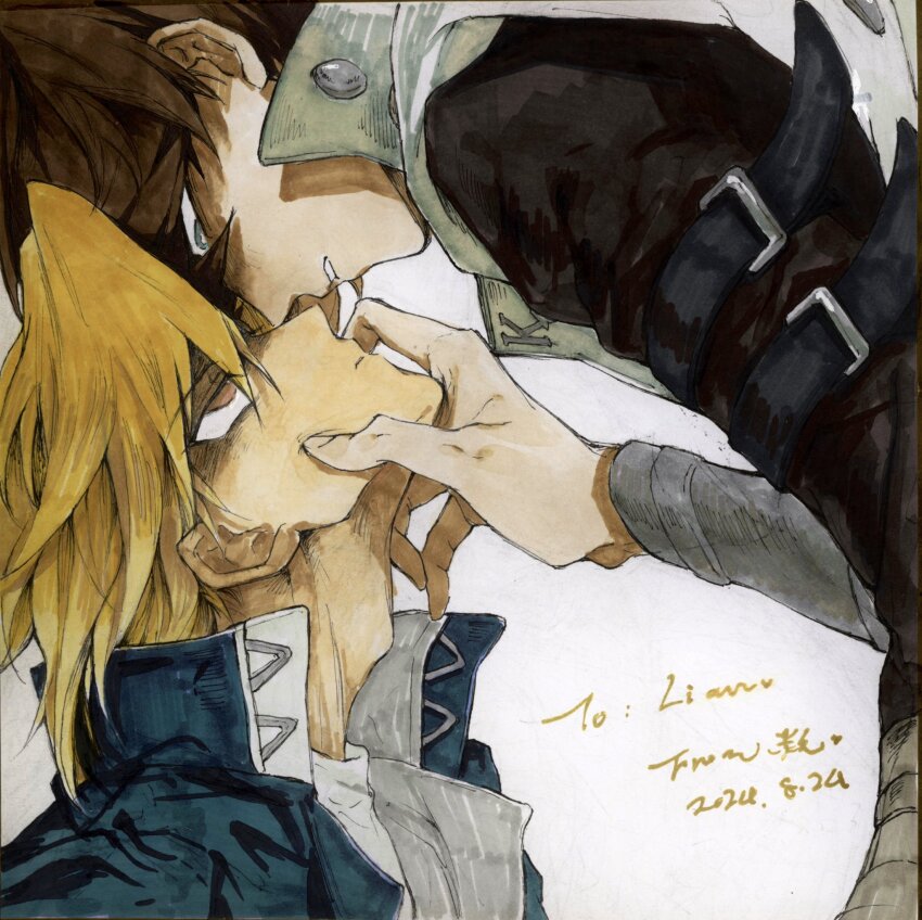 2boys arm_strap black_shirt blonde_hair blue_eyes blue_jacket bright_pupils brown_eyes brown_hair cheek_pinching coat commentary_request dated domino_high_school_uniform expressionless half-closed_eyes hand_on_another&#039;s_face hand_up high_collar highres jacket jonouchi_katsuya kaiba_seto long_sleeves looking_down looking_up male_focus marker_(medium) multiple_boys no_pupils noses_touching open_clothes open_jacket parted_lips pinching school_uniform shirt short_hair signature sleeveless sleeveless_coat suzuri513 traditional_media upper_body vambraces white_coat white_shirt yaoi yu-gi-oh! yu-gi-oh!_duel_monsters