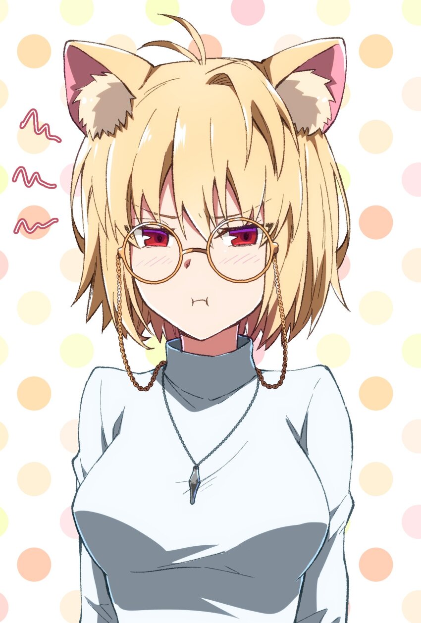 1girl animal_ear_fluff animal_ears antenna_hair arcueid_brunestud azami_masurao bespectacled blonde_hair breasts cat_ears cat_girl commentary_request glasses highres kemonomimi_mode large_breasts light_blush polka_dot polka_dot_background pout red_eyes round_eyewear short_hair solo sweater tsukihime turtleneck turtleneck_sweater upper_body v-shaped_eyebrows white_background white_sweater