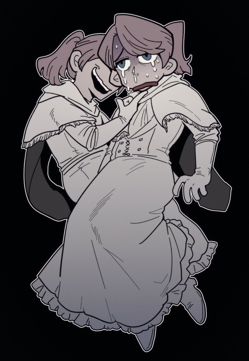 2girls absurdres behind_another black_background bloodborne blue_eyes boned-woo boots brown_hair capelet clone commentary covered_eyes crying crying_with_eyes_open dress elbow_gloves evil_smile frown furrowed_brow gloves hand_on_another&#039;s_chin high_heel_boots high_heels highres index_finger_raised iosefka long_sleeves multiple_girls open_mouth outline ponytail scared short_hair simple_background smile snot stroking_another&#039;s_chin swept_bangs tears turn_pale wavy_mouth white_boots white_capelet white_dress white_gloves white_outline