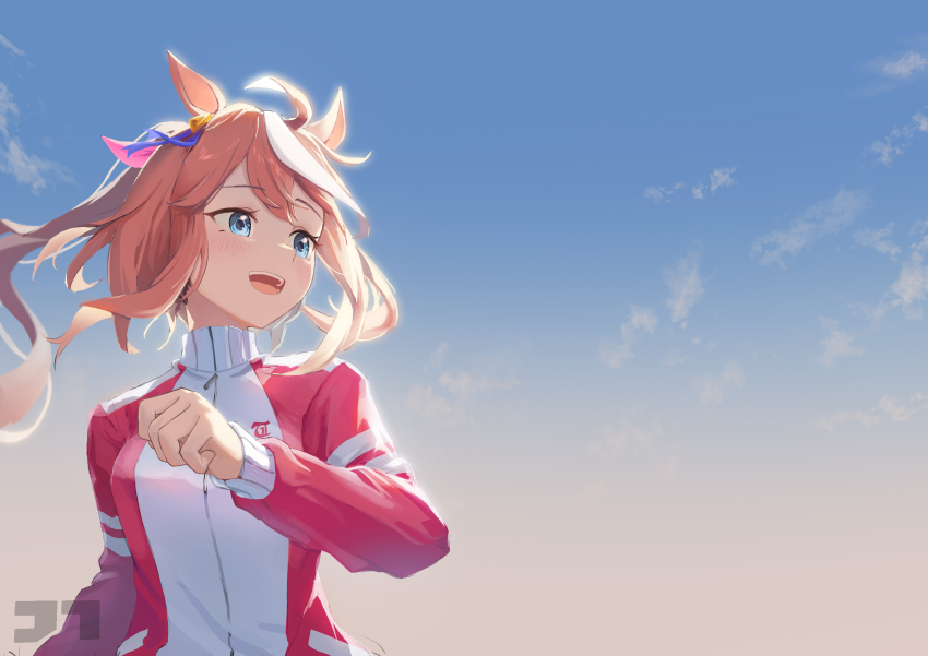 1girl absurdres ahoge animal_ears artist_logo blue_eyes blush breasts brown_hair cloud high_collar highres horse_ears jacket jtleeklm logo long_hair long_sleeves looking_to_the_side multicolored_hair open_mouth outdoors ponytail red_jacket small_breasts smile solo streaked_hair sunrise tokai_teio_(umamusume) track_jacket umamusume upper_body watermark