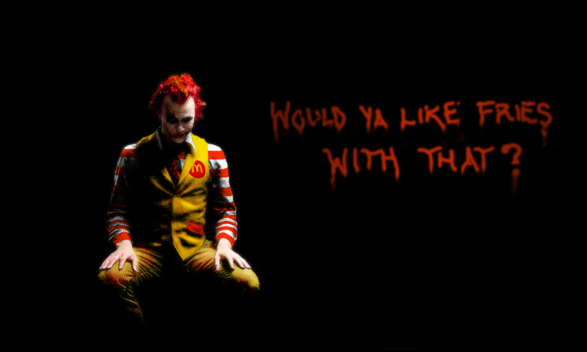 1boy batman_(series) dark dc_comics english_text glasgow_smile heath_ledger male_focus mcdonald&#039;s parody ronald_mcdonald sitting solo the_dark_knight the_joker