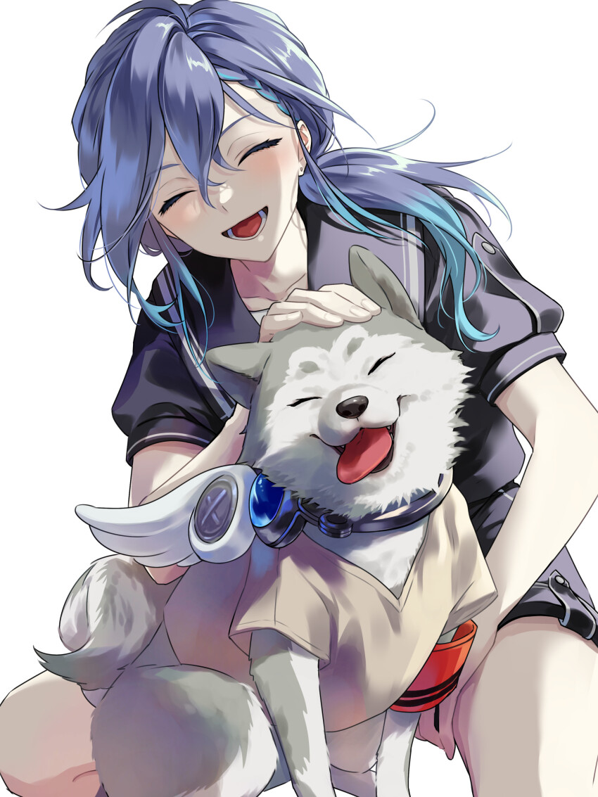 1boy absurdres animal aqua_hair bishounen black_shirt black_shorts blush braid braided_bangs closed_eyes commentary_request dog earrings hair_between_eyes happy highres holostars jewelry kneeling koromaru_(persona) long_hair looking_at_viewer low_ponytail luma8b male_focus minase_rio minase_rio_(2nd_costume) multicolored_hair official_alternate_costume open_mouth persona persona_3 persona_3_reload petting ponytail purple_hair s.e.e.s sailor_collar sailor_shirt shirt shorts sidelighting smile streaked_hair stud_earrings virtual_youtuber