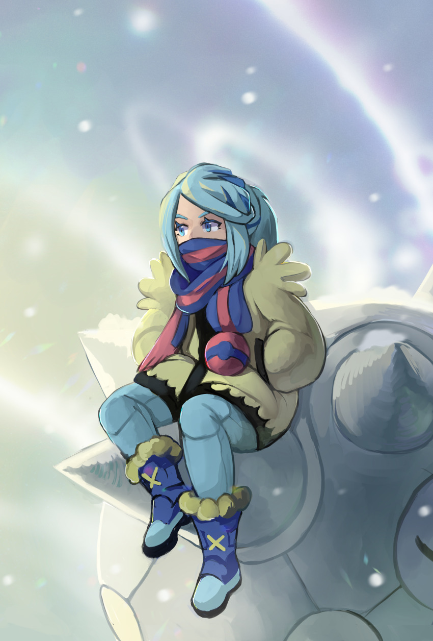 1boy absurdres blue_eyes blue_footwear blue_hair blue_scarf boots cetitan commentary eyelashes grusha_(pokemon) hands_in_pockets highres jacket kaphrin male_focus nintendo pants pokemon pokemon_(creature) pokemon_sv riding riding_pokemon scarf scarf_over_mouth sitting striped_clothes striped_scarf yellow_jacket