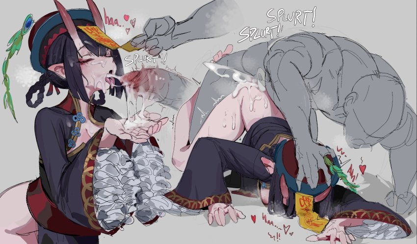 1boy 1girl black_hair blush braid breasts breath chinese_clothes cleavage closed_eyes cum cum_on_ass cum_on_body cum_on_hair cum_on_hands cum_on_legs cum_overflow cum_string cumdrip cupping_hands enn_matien erection eyeshadow facial fang fate_(series) frills hand_on_another&#039;s_head hat heart hetero highres holding horns jiangshi long_hair long_sleeves makeup multiple_views nipples ofuda oni open_mouth own_hands_together penis pointy_ears red_eyeshadow red_headwear red_horns sex shuten_douji_(fate) sketch skin-covered_horns skin_fang sound_effects talisman tongue tongue_out trembling veins veiny_penis wide_sleeves