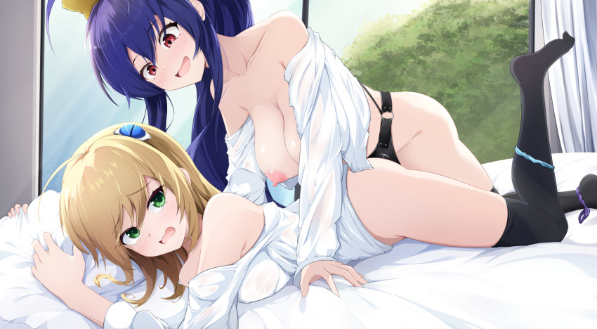 2girls ass bed blazblue breasts c-rabbit dildo genderswap genderswap_(mtf) mai_natsume multiple_girls nipples noel_vermillion ponytail sex_toy strap-on tagme thighhighs