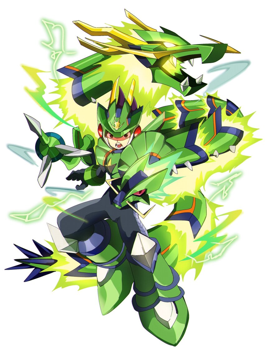 1boy armor assault_visor black_bodysuit bodysuit dragon full_body geo_stelar_(mega_man) green_armor green_helmet helmet highres magainu male_focus mega_man_(series) mega_man_star_force_(series) red-tinted_eyewear simple_background star_force_mega_man tinted_eyewear white_background