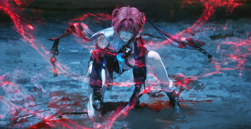 1girl absurdres black_gloves blood blood_from_mouth bloody_tears clothing_cutout commentary danjin_(wuthering_waves) earrings english_commentary folded_braid gloves highres holding holding_sword holding_weapon hoop_earrings jewelry jvn long_sleeves looking_at_viewer on_one_knee one_eye_closed red_eyes red_hair short_hair shoulder_cutout solo sword tabard thigh_strap weapon white_tabard wuthering_waves