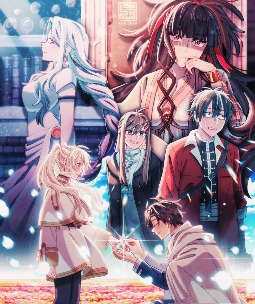 2boys 5girls azami_(kagerou_project) black_coat blue_jacket book bookshelf bracelet braid brown_hair cape capelet closed_mouth coat cosplay dress earrings fern_(sousou_no_frieren) fern_(sousou_no_frieren)_(cosplay) flamme_(sousou_no_frieren) flamme_(sousou_no_frieren)_(cosplay) frieren frieren_(cosplay) gold_trim hair_ornament hairclip hand_up highres himmel_(sousou_no_frieren) himmel_(sousou_no_frieren)_(cosplay) jacket jewelry kagerou_project kisaragi_shintarou kozakura_marry kozakura_shion library long_hair long_sleeves looking_at_viewer marriage_proposal multicolored_hair multiple_boys multiple_girls nahusnab pointy_ears red_eyes red_hair ring serie_(sousou_no_frieren) serie_(sousou_no_frieren)_(cosplay) seto_kousuke sidelocks smile sousou_no_frieren sparkle stark_(sousou_no_frieren) streaked_hair tateyama_ayano twintails very_long_hair white_cape white_capelet white_dress white_hair