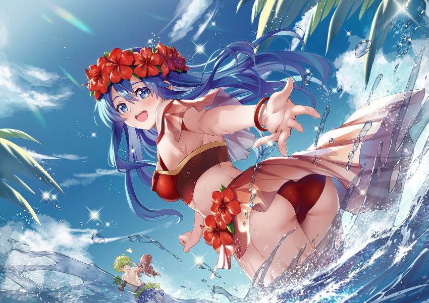 1boy 1girl :d absurdres arched_back armband ass back bikini bikini_skirt blue_eyes blue_hair blue_sky breasts cloud cowboy_shot day dutch_angle fire_emblem fire_emblem_heroes floating_hair flower flower_wreath from_behind from_below gold_trim green_hair hair_between_eyes highres large_breasts light_blush lilina_(fire_emblem) lilina_(summer)_(fire_emblem) long_hair looking_at_viewer looking_back nintendo octopus official_alternate_costume open_mouth outdoors outstretched_arm outstretched_hand palm_tree red_armband red_bikini red_flower sky smile solo_focus sparkle splashing standing swimsuit teeth topless_male tree upper_teeth_only wading water water_drop wet wolt_(fire_emblem) wolt_(summer)_(fire_emblem) yuki_(sumaburalove)