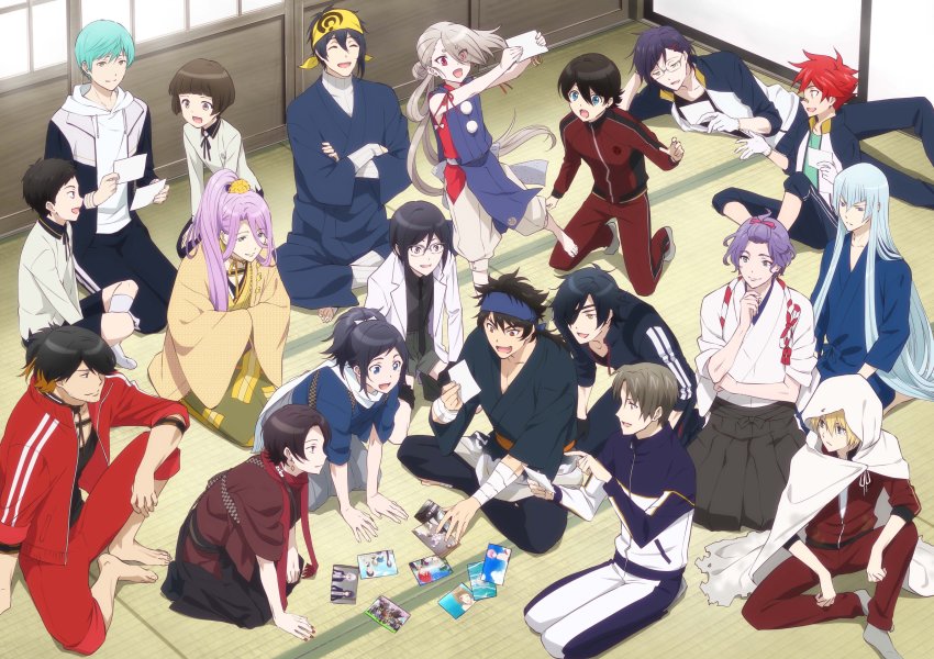 10s 6+boys ^_^ absurdres aizen_kunitoshi akashi_kuniyuki aqua_hair artist_request atsushi_toushirou bandaid bandaid_on_face bandaid_on_nose bandana black_hair blonde_hair blue_eyes blue_hair bow brown_eyes brown_hair closed_eyes earrings closed_eyes eyes_visible_through_hair glasses gloves hachisuka_kotetsu hair_bow hair_ornament hair_over_one_eye hairclip hakama hakama_skirt heshikiri_hasebe highres hirano_toushirou horikawa_kunihiro ichigo_hitofuri ima-no-tsurugi indian_style japanese_clothes jewelry kasen_kanesada kashuu_kiyomitsu kousetsu_samonji lab_coat lying male_focus mikazuki_munechika mole mole_under_eye multiple_boys mutsu-no-kami_yoshiyuki nagasone_kotetsu necktie official_art on_side open_mouth photo_(object) pom_pom_(clothes) ponytail purple_hair red_eyes red_hair scarf seiza shokudaikiri_mitsutada shorts sitting skirt smile touken_ranbu touken_ranbu:_hanamaru track_suit white_gloves white_hair yagen_toushirou yamanbagiri_kunihiro yamato-no-kami_yasusada yellow_eyes