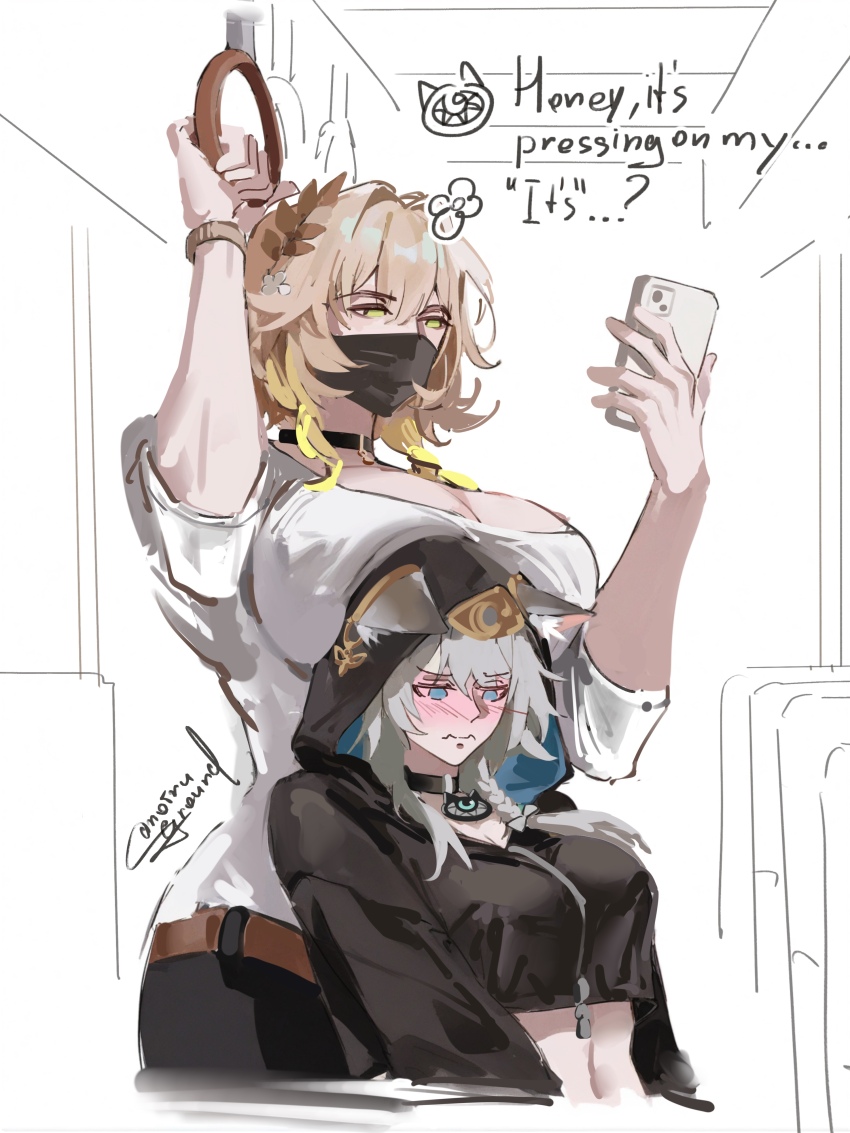 2girls absurdres aglaea_(honkai:_star_rail) alternate_breast_size_(larger) alternate_costume alternate_height alternate_universe animal_ears arm_up belt black_choker black_jacket blonde_hair blue_eyes blush braid breast_press breast_rest breasts breasts_on_head casual cat_ears cellphone chat_log choker cipher_(honkai:_star_rail) cleavage contemporary covered_mouth cropped_jacket ears_through_hood embarrassed english_text grey_hair hair_intakes half-closed_eyes height_difference highres holding holding_phone honkai:_star_rail honkai_(series) hood hood_up hooded_jacket huge_breasts jacket large_breasts long_hair long_sleeves looking_at_object looking_at_phone looking_down mask mouth_mask multiple_girls noiruground nose_blush phone shirt side_braid single_braid sketch smartphone stomach tall_female train_interior white_shirt yellow_eyes zipper zipper_pull_tab