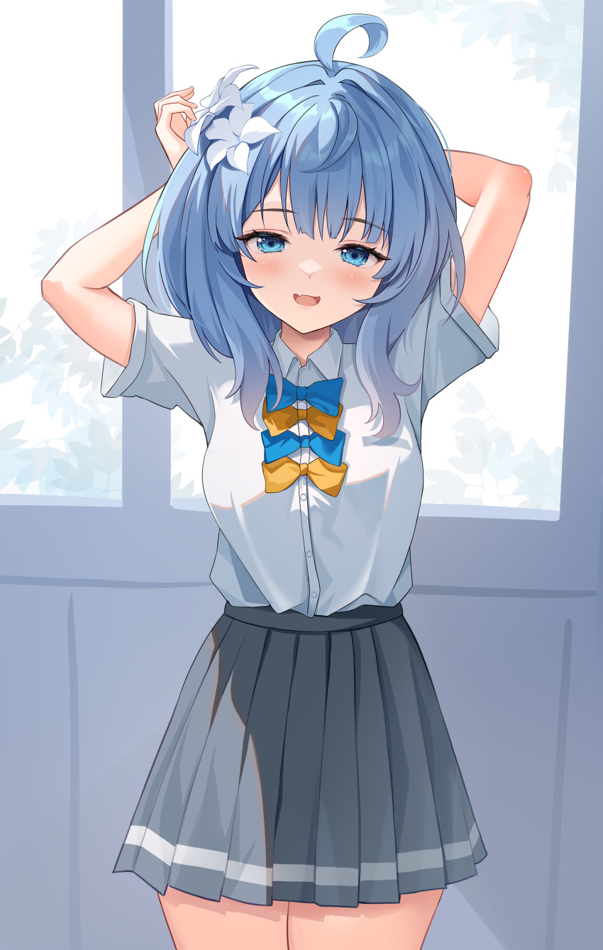 1girl absurdres ahoge arm_behind_head arms_up black_skirt blue_bow blue_bowtie blue_eyes blue_hair blunt_ends blush bow bowtie breasts chinese_commentary collared_shirt commentary_request cowboy_shot fang flower hair_flower hair_ornament hair_over_shoulder highres indoors leaf long_hair long_sidelocks looking_at_viewer make_heroine_ga_oo_sugiru! medium_breasts miniskirt navel open_mouth pleated_skirt school_uniform shirt shirt_tucked_in short_sleeves sidelocks skin_fang skirt smile solo straight-on teeth_bro thighs white_flower white_shirt window wispy_bangs yanami_anna yellow_bow yellow_bowtie