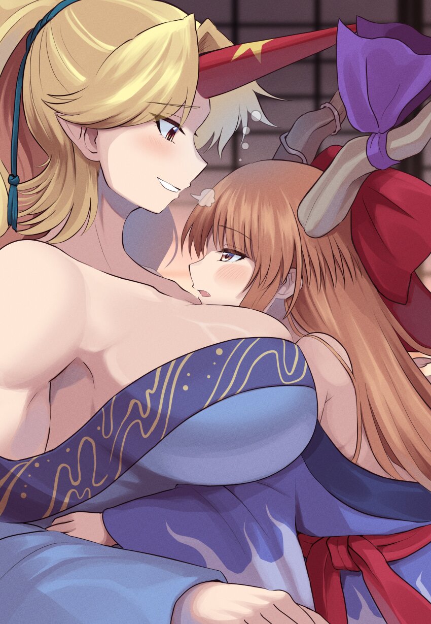2girls absurdres blonde_hair blush breasts breath brown_hair elaphe_guttata6 height_difference highres horns hoshiguma_yuugi hoshiguma_yuugi_(kimono) hug huge_breasts ibuki_suika japanese_clothes kimono multiple_girls oni pointy_ears single_horn touhou yuri
