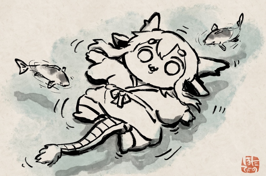 1boy :3 animal animal_ears brown_background chibi commentary_request dragon_boy dragon_ears dragon_horns dragon_tail eastern_dragon_horns eastern_dragon_tail fish floating full_body highres horns hotathino japanese_clothes kimono koi looking_at_viewer male_focus original partially_submerged solo sumi-e tail