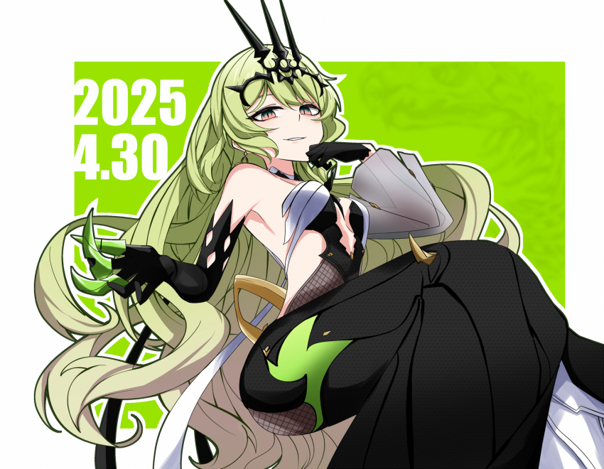 1girl armpits black_claws black_gloves black_tiara border breasts crossed_legs dated gloves green_background green_hair highres honkai_(series) honkai_impact_3rd long_hair mobius_(honkai_impact) nabeiro_kin parted_lips slit_pupils small_breasts solo spikes tiara very_long_hair white_border