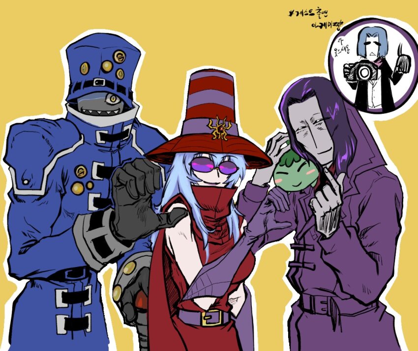 archnemon belt blue_hair digimon digimon_(creature) glasses hat long_hair looking_at_viewer mummymon oikawa_yukio pipimon smile suedou_akemi yellow_eyes