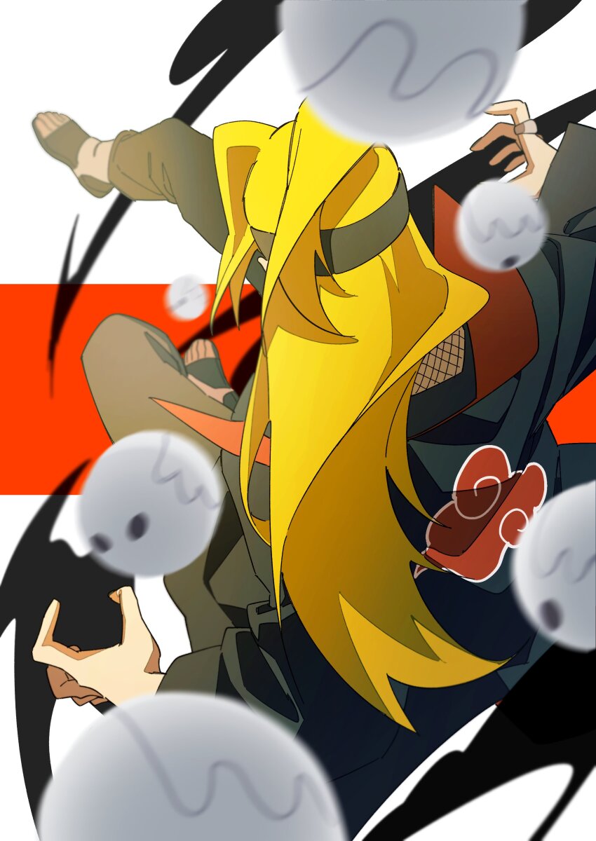 1boy absurdres akatsuki_uniform black_coat blonde_hair coat deidara_(naruto) from_above headband highres jewelry long_hair male_focus multicolored_background naruto_(series) naruto_shippuuden pants pnpk_1013 red_background ring shadow simple_background solo toeless_footwear white_background
