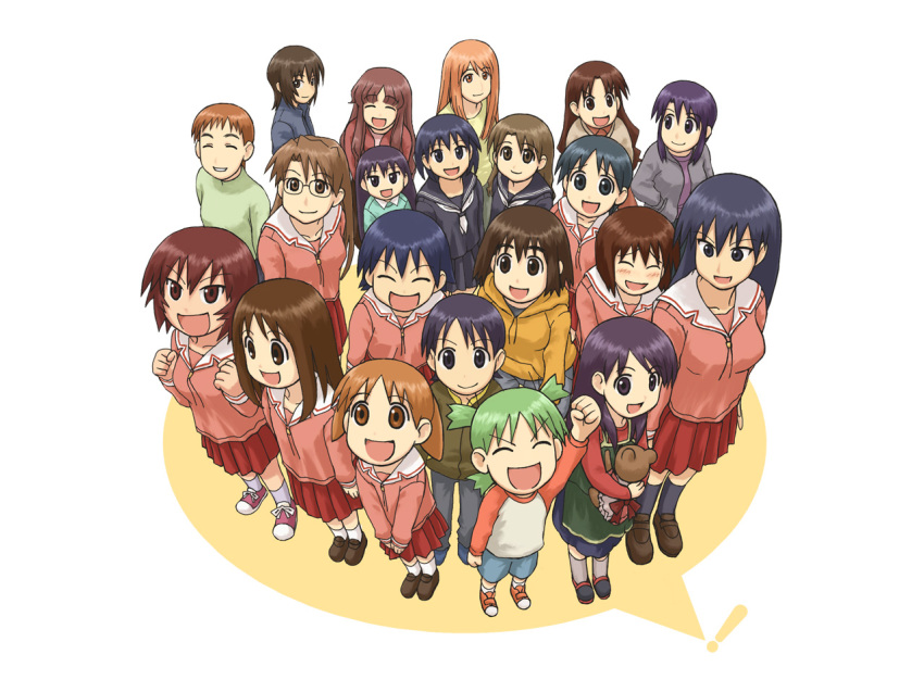 6+girls azumanga_daiou black_hair black_socks blazer blue_eyes blue_hair blush braid brown_eyes brown_hair child closed_eyes contemporary creator_connection emoncake. everyone from_above full_body green_hair jacket kagura kagura_(azumanga_daioh) kaori_(azumanga_daioh) kasuga_ayumu kneehighs koiwai_yotsuba loafers long_sleeves mihama_chiyo mizuhara_koyomi multiple_girls pleated_skirt raglan_sleeves red_skirt sailor_collar sakaki_(azumanga_daioh) school_uniform serafuku shirt shoes shorts simple_background skirt socks standing sweat sweater t-shirt takino_tomo tanizaki_yukari twin_braids white_background white_legwear yotsubato!