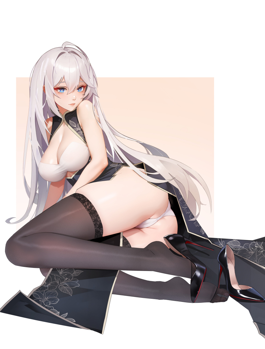 1girl absurdres ahoge ass black_dress black_shoes black_thighhighs blue_eyes bra breasts bright_pupils china_dress chinese_clothes chinese_commentary christian_louboutin_(brand) cleavage cleavage_cutout clothing_cutout commentary_request double-parted_bangs dress feet floral_print grey_hair hair_between_eyes high_heels highres huge_ahoge large_breasts legs long_hair looking_at_viewer louboutins original panties parted_lips patent_heels pelvic_curtain pumps red_soles shiny_footwear shoe_dangle shoes single_shoe sitting sleeveless sleeveless_dress solo stiletto_heels thighhighs thighs toes underwear very_long_hair white_bra white_panties white_pupils xnnagu yokozuwari