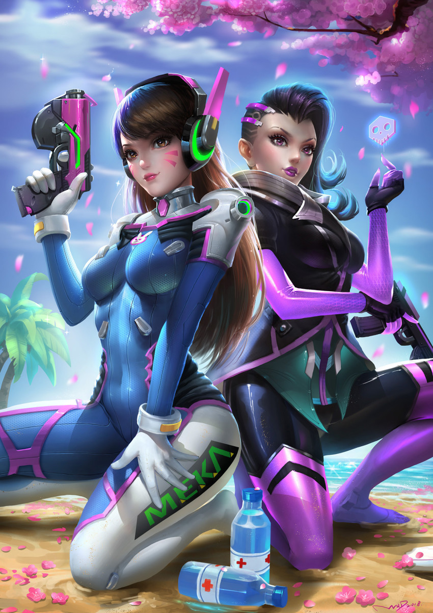 2girls acronym animal_print artist_name asymmetrical_hair back-to-back beach black_gloves blue_bodysuit blue_sky bodysuit bottle bracer branch breasts brown_eyes brown_hair cherry_blossoms clothes_writing covered_navel d.va_(overwatch) dark-skinned_female dark_skin day earrings eyelashes eyeliner eyeshadow facepaint facial_mark finger_on_trigger fingerless_gloves full_body gloves gun handgun headphones high_collar highres holding holding_gun holding_weapon jewelry kneeling light_smile lipstick long_hair machine_pistol makeup mascara md5_mismatch mecha_pilot_suit medium_breasts mole mole_under_eye multicolored_hair multiple_girls nail_polish nose outdoors overwatch overwatch_1 palm_tree parted_lips petals pink_lips pistol purple_eyes purple_lips purple_nails rabbit_print ribbed_bodysuit shore shoulder_pads sidecut signature skin_tight sky sombra_(overwatch) stud_earrings submachine_gun swept_bangs tree trigger_discipline two-tone_hair undercut uzi water_bottle weapon whisker_markings white_gloves wu_xiandeng