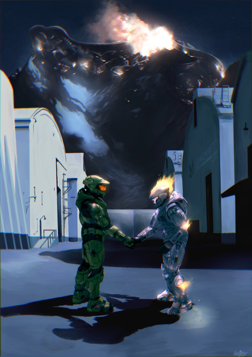 2boys absurdres album_cover armor artist_logo artist_name assault_visor broken_helmet burning cover damaged drop_shadow fire halo:_reach halo_(series) handshake hangar helmet highres logo master_chief multiple_boys outdoors pink_floyd power_armor power_suit ramnik5 scene_reference shadow spacecraft spartan-b312 spartan_(halo) star_(sky) warehouse wish_you_were_here
