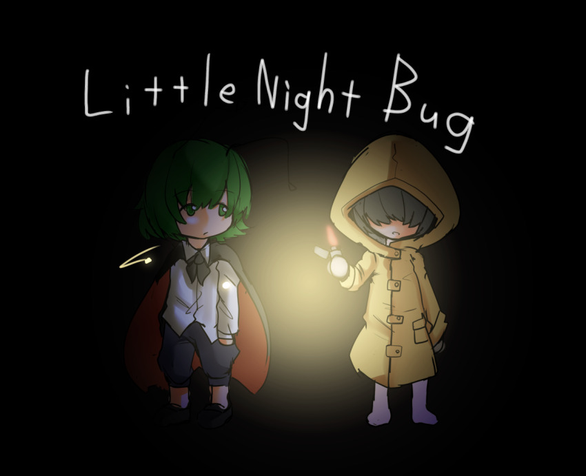 2girls antennae black_cape black_shoes black_shorts cape closed_mouth collared_shirt commentary_request crossover expressionless full_body green_eyes green_hair grey_hair hair_over_eyes holding holding_lighter hood hood_up lighter little_nightmares long_sleeves looking_at_another looking_to_the_side multiple_girls raincoat red_cape shirt shoes short_hair shorts six_(little_nightmares) standing touhou two-sided_cape two-sided_fabric unimamo white_shirt wriggle_nightbug yellow_raincoat