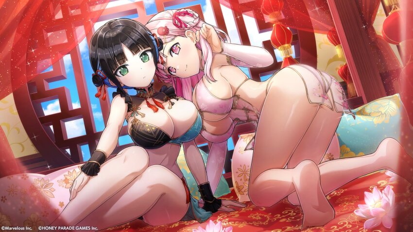 2girls ass bare_legs black_hair bracelet braid breasts china_dress chinese_clothes cleavage curtains dolphin_wave double_bun dress eines_(dolphin_wave) elbow_gloves flower gloves green_eyes hair_bun highres jewelry large_breasts long_hair looking_at_viewer lotus multiple_girls nacht_(dolphin_wave) official_art on_bed pillow pink_eyes pink_hair symbol-shaped_pupils twin_braids window