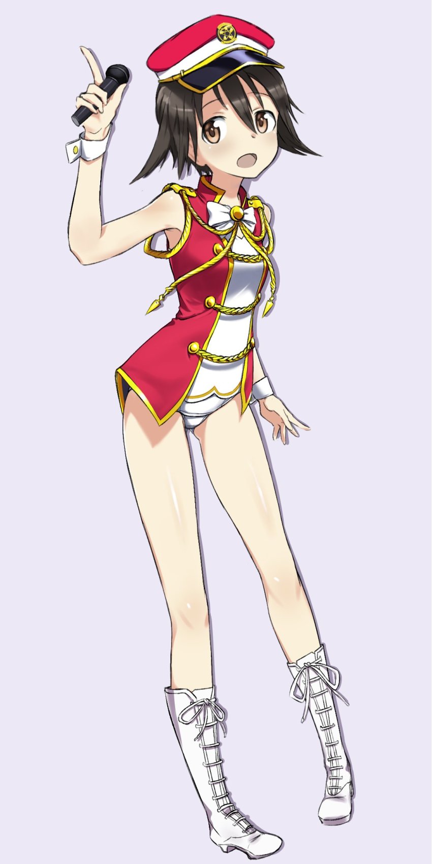 1girl 501st_joint_fighter_wing_(emblem) aiguillette alternate_costume boots brown_eyes brown_hair newsboy_cap crotch_seam fankupl female_focus full_body gluteal_fold hat highres holding holding_microphone idol jacket lace-up_boots light_smile looking_at_viewer microphone miyafuji_yoshika no_pants one-piece_swimsuit open_mouth pointing pointing_up purple_background red_hat red_jacket school_swimsuit short_hair simple_background sleeveless sleeveless_jacket solo standing strike_witches swimsuit swimsuit_under_clothes white_one-piece_swimsuit world_witches_series wrist_cuffs