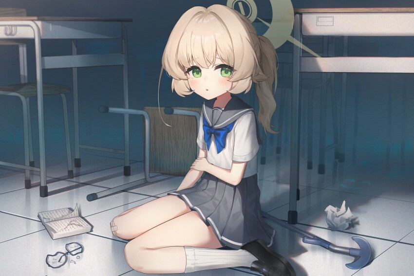 1girl black_shoes blonde_hair blue_archive blue_bow blue_bowtie book bow bowtie chair ciza_gomi classroom desk glass green_eyes grey_skirt halo highres ponytail professor_niyaniya_(blue_archive) sailor_collar school_desk school_uniform shoes sitting skirt socks wariza white_socks
