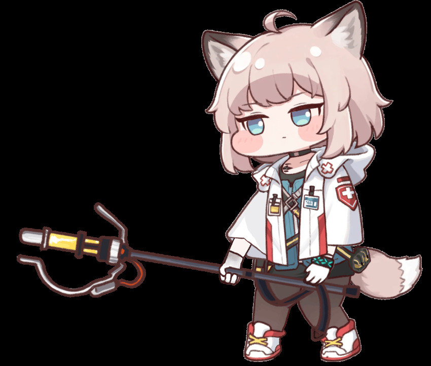 1girl animal_ears animated animated_gif arknights black_choker black_pantyhose black_skirt blue_eyes blue_vest chibi choker closed_mouth diyap_(style) fox_ears fox_girl fox_tail full_body gloves holding holding_staff hood hood_down hooded_jacket infection_monitor_(arknights) jacket kimin3424 material_growth medium_hair miniskirt oripathy_lesion_(arknights) pantyhose pink_hair shoes simple_background skirt solo staff sussurro_(arknights) tail transparent_background variant_set vest white_gloves white_jacket white_shoes
