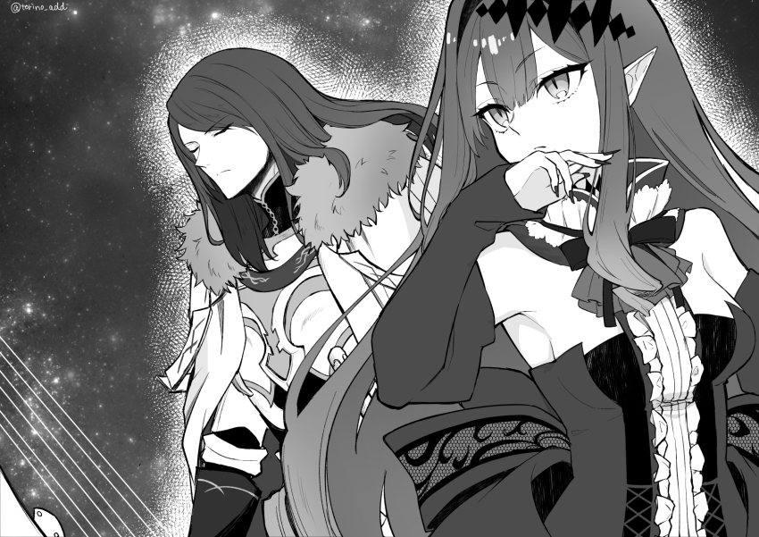 1boy 1girl armor baobhan_sith_(fate) baobhan_sith_(first_ascension)_(fate) bow breasts cape detached_sleeves dress failnaught_(fate) fate/grand_order fate_(series) frilled_dress frills fur-trimmed_cape fur_trim greyscale highres long_hair monochrome pointy_ears sidelocks torinonest tristan_(fate)