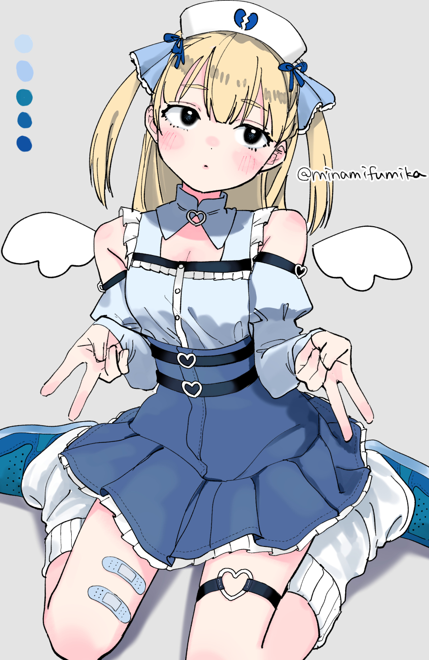 1girl absurdres bandaid bandaid_on_leg bare_shoulders black_eyes blonde_hair blue_footwear blue_ribbon blue_shirt blue_skirt blue_sleeves blush breasts broken_heart cleavage color_guide commentary detached_collar detached_sleeves detached_wings expressionless facing_viewer full_body grey_background hair_ribbon hands_up hat heart highres kneehighs miyama_(kannsannn) nurse_cap original ribbon shirt shoes simple_background skirt sleeveless sleeveless_shirt socks symbol-only_commentary thigh_strap twitter_username two_side_up white_hat white_socks white_wings wings