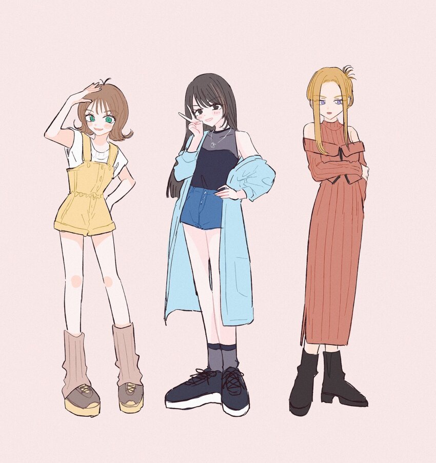 3girls adapted_costume black_boots black_hair black_shirt black_shoes blonde_hair blue_coat blue_eyes blue_shorts blush boots brown_eyes brown_hair brown_leg_warmers brown_shoes closed_mouth coat denim denim_shorts dissidia_duellum_final_fantasy dissidia_final_fantasy dress final_fantasy final_fantasy_viii flipped_hair folded_ponytail full_body green_eyes grey_socks hand_on_own_hip highres holding_own_arm jacket jacket_partially_removed jewelry kahok leg_warmers long_hair long_sidelocks long_skirt medium_hair multiple_girls necklace off_shoulder official_alternate_costume open_mouth orange_dress orange_jacket overalls quistis_trepe ring ring_necklace rinoa_heartilly salute selphie_tilmitt shirt shoes short_shorts shorts sidelocks skirt sleeveless sleeveless_shirt smile sneakers socks standing t-shirt undershirt v white_shirt yellow_overalls